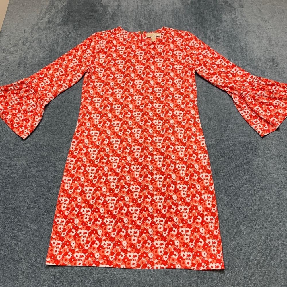 Michael Kors Shift Dress Womens Small Orange Back Zip Daisy Print Bell Sleeve
